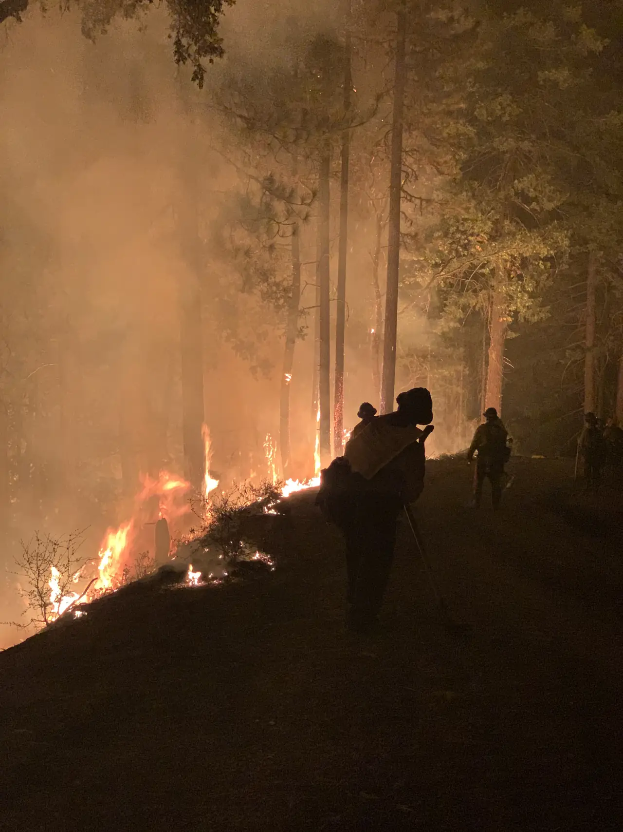 Outback firefighter working a fire line at night